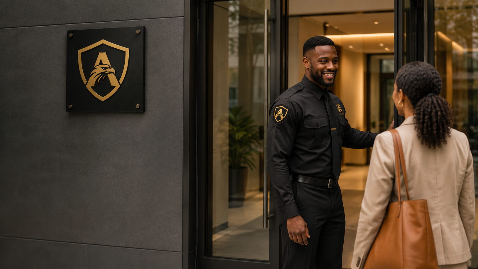 Averon security officer holding a building door open for a visitor beside the Averon shield plaque
